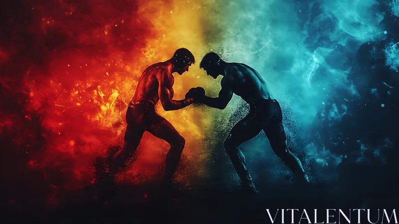 Two boxers engage combat amid explosive fire and ice energy