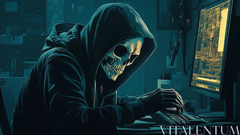 Hooded cyber skull hacker at glowing terminal at night.