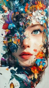 Surreal female portrait merged with vivid butterflies and flora.