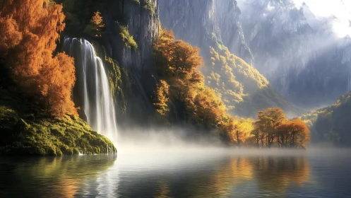 Sunlit autumn waterfall descends into misty mountain lake