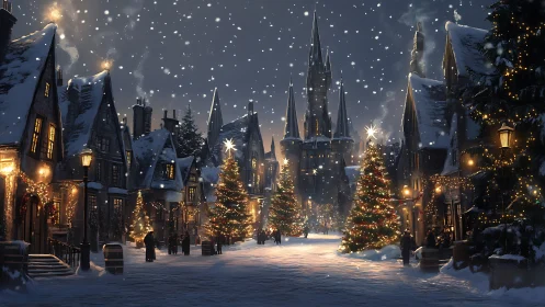 Snow covered village street shows lit trees and distant castle