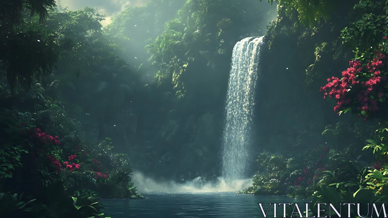 Lush jungle waterfall framed by dense foliage and mist.