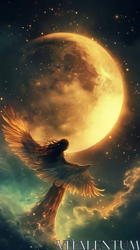 Luminous winged goddess ascends toward a blazing golden moon