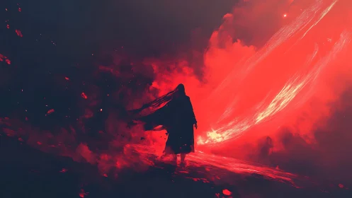 Mystic wanderer silhouetted against a blazing crimson storm.