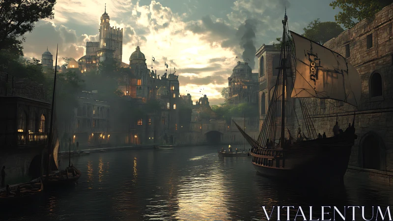 Sunset galleon approaches a misty medieval riverside city