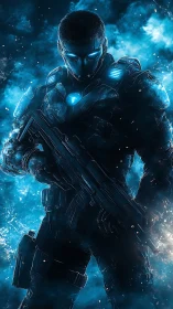 Futuristic armored soldier glows in electric blue starlight