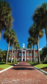 Palm-lined brick walkway to neoclassical red-brick campus hall.
