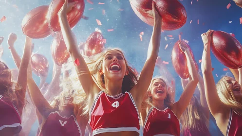 Cheerleaders celebrate victory under confetti with footballs raised
