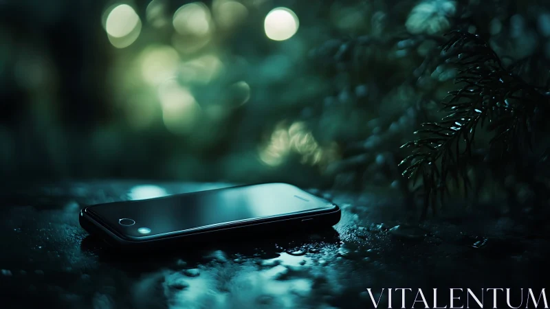 Smartphone in Dark Forest with Bokeh Lights