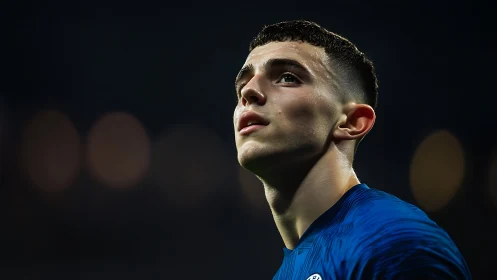 Football player looks upward under stadium floodlights at night