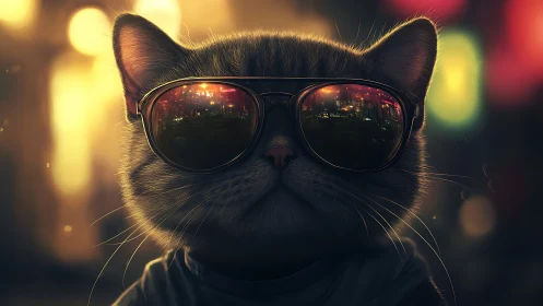 Cool Cat in Sunglasses Shines Under City Lights.