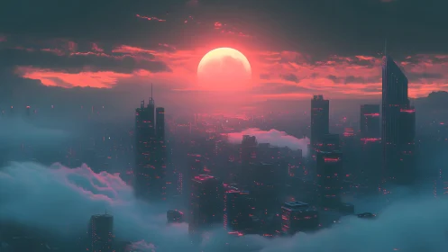 Red sun illuminates dense futuristic cityscape in low fog