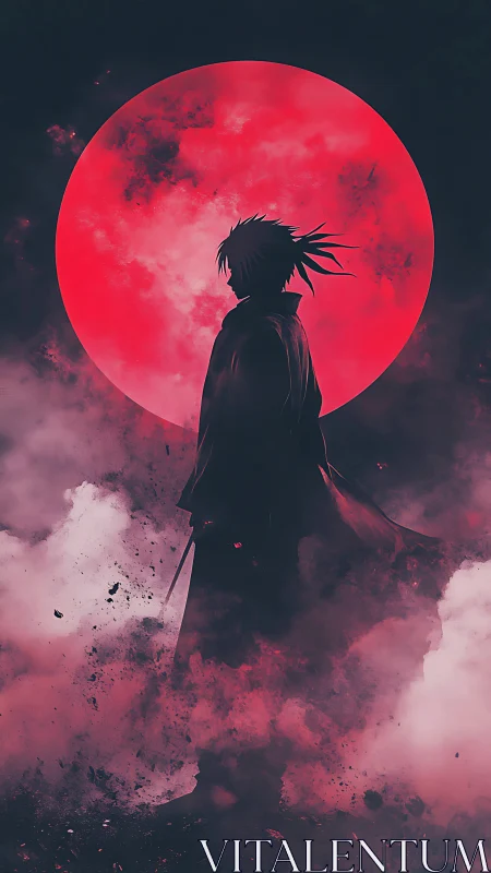 Silhouetted figure before large red moon in dense smoke.