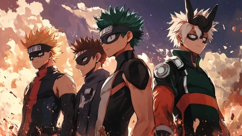Dynamic quartet of masked heroes in dramatic anime lineup.