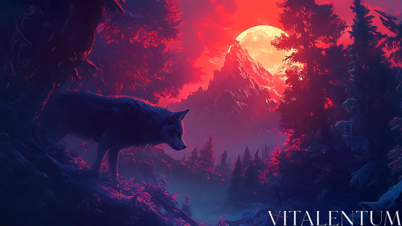 Wolf stands in glowing forest before red moonlit mountain