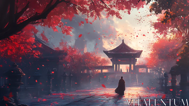 Solitary figure in autumn courtyard before distant pavilion.