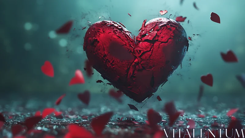 Fractured Heart Form Suspended in Dynamic Particle Dispersion with Atmospheric Turquoise Gradient