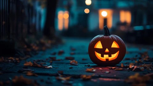 Glowing jack-o’-lantern brightens a moody autumn street scene.