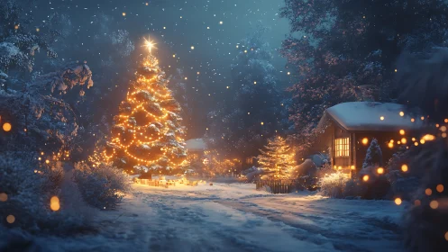 Snow covered forest yard with illuminated outdoor Christmas tree.