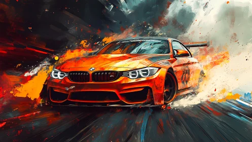 Orange BMW race car in abstract motion with fiery strokes.