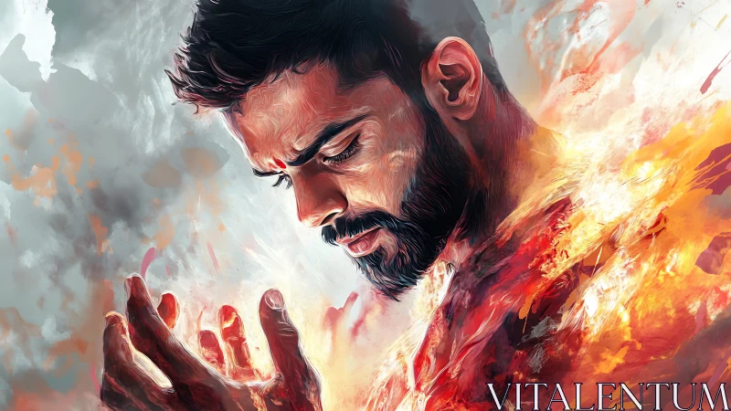 Man surrounded by swirling fire in digital portrait.