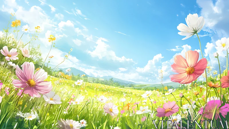 Digital landscape shows flowering meadow under clear sky