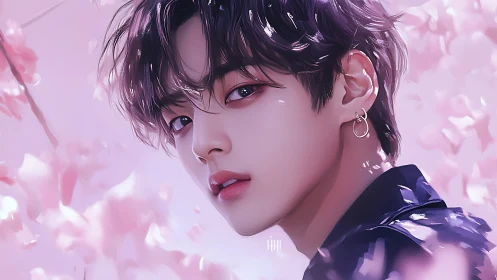 Digital portrait under sakura bloom with luminous shading.