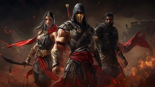 Battle-ready trio in desert war gear stand amid flames.