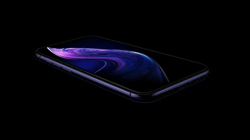 Black smartphone with illuminated display on dark background.