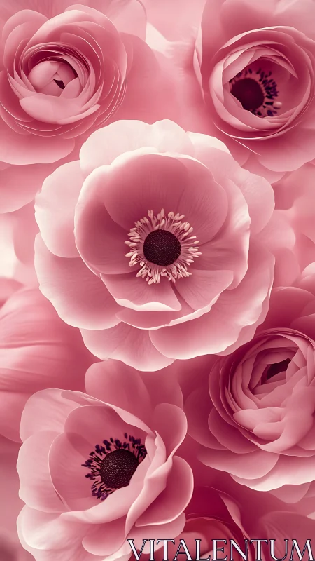 Pink anemone and ranunculus blooms in layered petal arrangement.