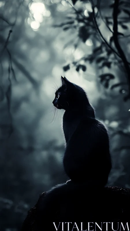 Black Cat in Monochromatic Forest with Backlighting