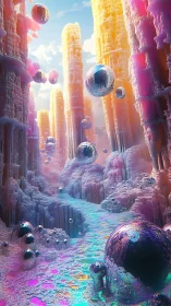 Iridescent crystal canyons with floating chrome spheres.