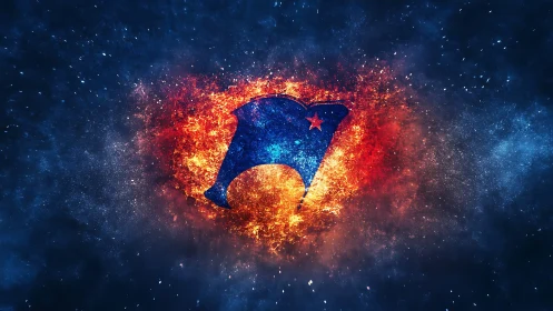 Abstract blue banner emblem ignites within cosmic fire ring