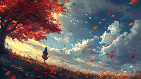 Autumn windswept field with solitary figure under crimson tree.