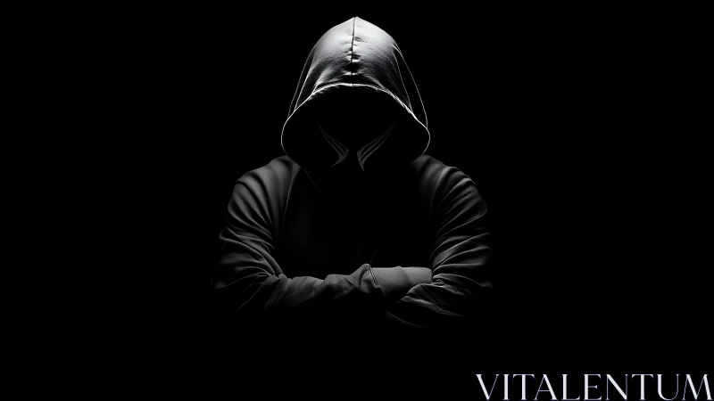 Hooded figure in low key lighting with obscured identity silhouette.