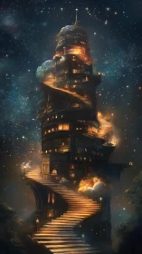 Spiral stair tower rising through stars and glowing clouds.