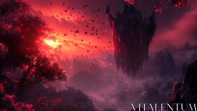 Crimson skies cradle a drifting fortress of shattered stone