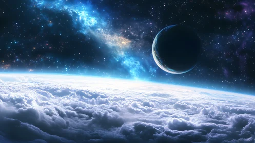 Planetary horizon above cloud sea with distant nebula glow.