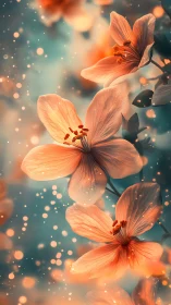Luminous Petals Dance: Coral Flowers Shimmer in Ethereal Bokeh.