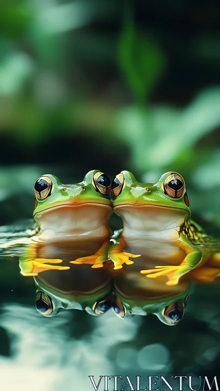 Two tiny frog friends sharing a quiet jungle mirror moment.