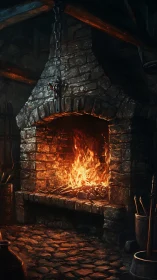 Illuminated Stone Forge with Active Fire and Metal Framework