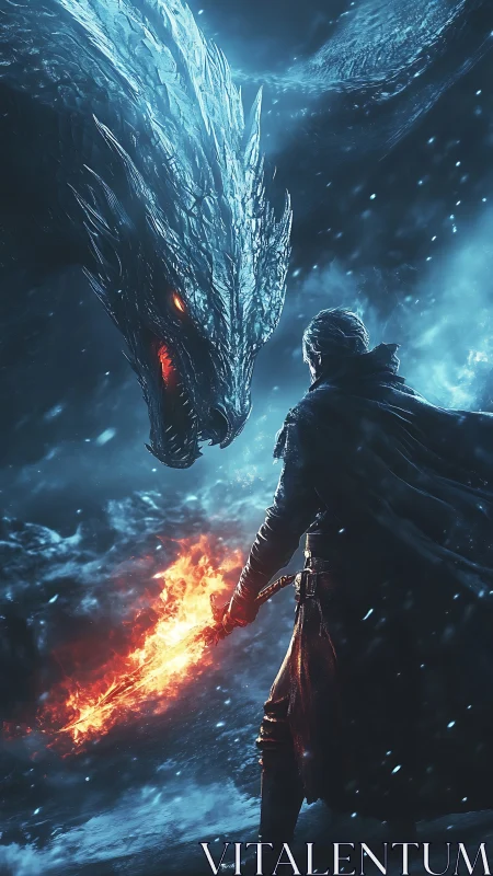 Armored warrior confronting ice dragon with blazing sword