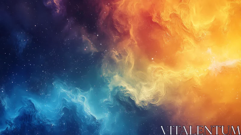 Bipartite nebula field with blue and orange gas clouds.