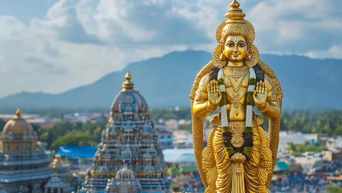 Golden temple deity shining over a peaceful valley town.