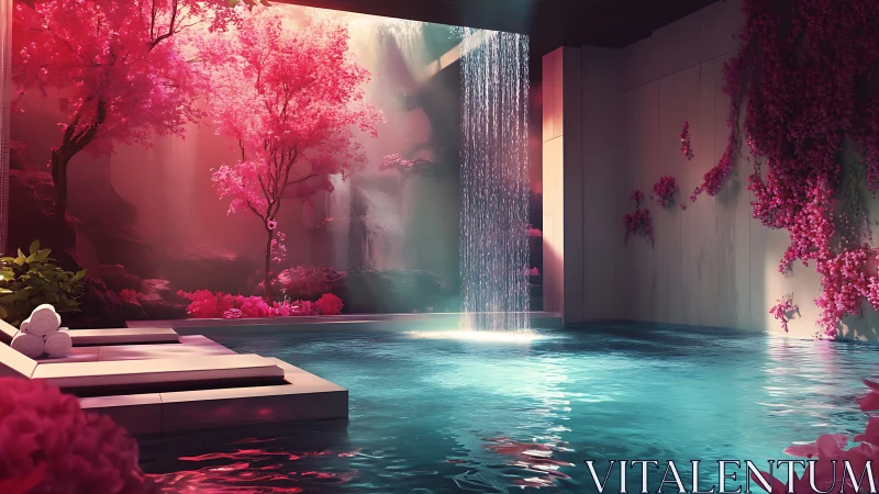 Dreamlit waterfall spa beneath neon-pink blossom canopies.