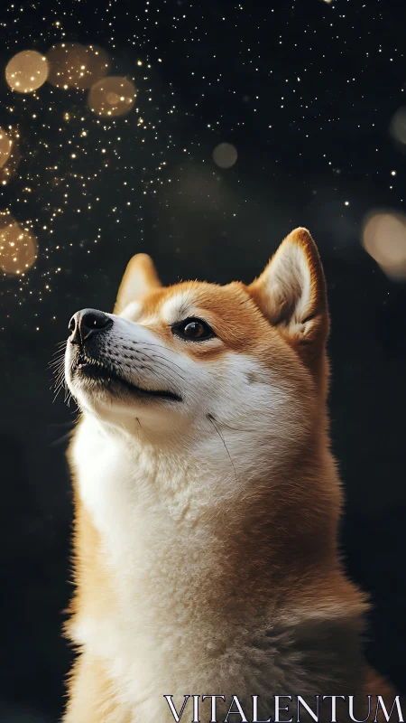 Shiba Inu gazes upward under warm bokeh lights at night