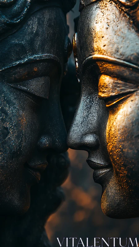 Bronze faces in intimate embrace glow in warm sunset light