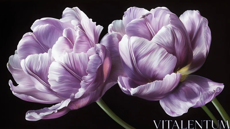 Lavender Dreams: Two Opulent Tulips Unfurl Against Midnight