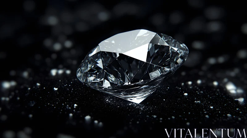 Brilliant cut diamond on black glitter surface, hyper-realistic style.