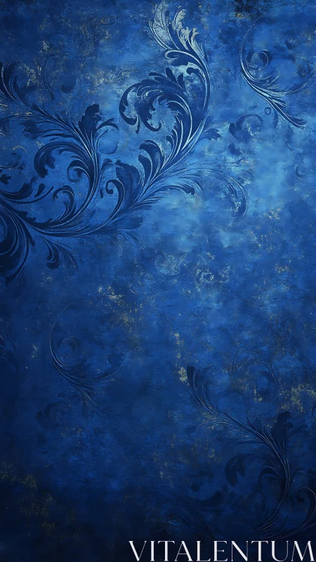 Blue ornamental background with swirling foliage pattern.